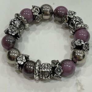 LAVENDER CHUNKY BEADED SILVER SLIP ON BRACELET